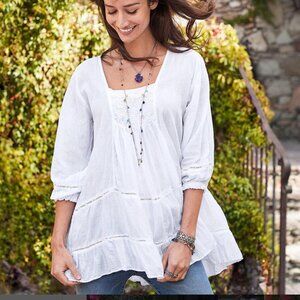 JP And Mattie White Top Size P Boho Peasant Beachy Smocked Laser Cut Out